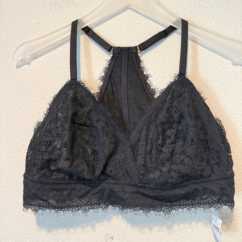Aerie Eyelash Lace Racerback Bralette True Black Floral Wireless XL NEW